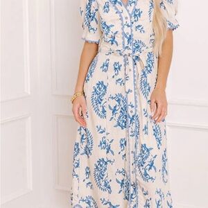 Entro Blue and Ivory Floral Damask Midi Dress, NEW Small